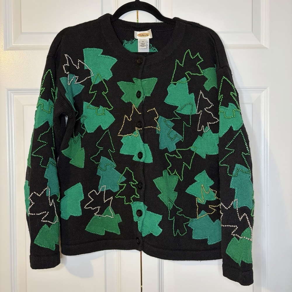 Talbots Vintage Beaded Embroidered Christmas Tree Cardigan Sweater Wmns Medium
